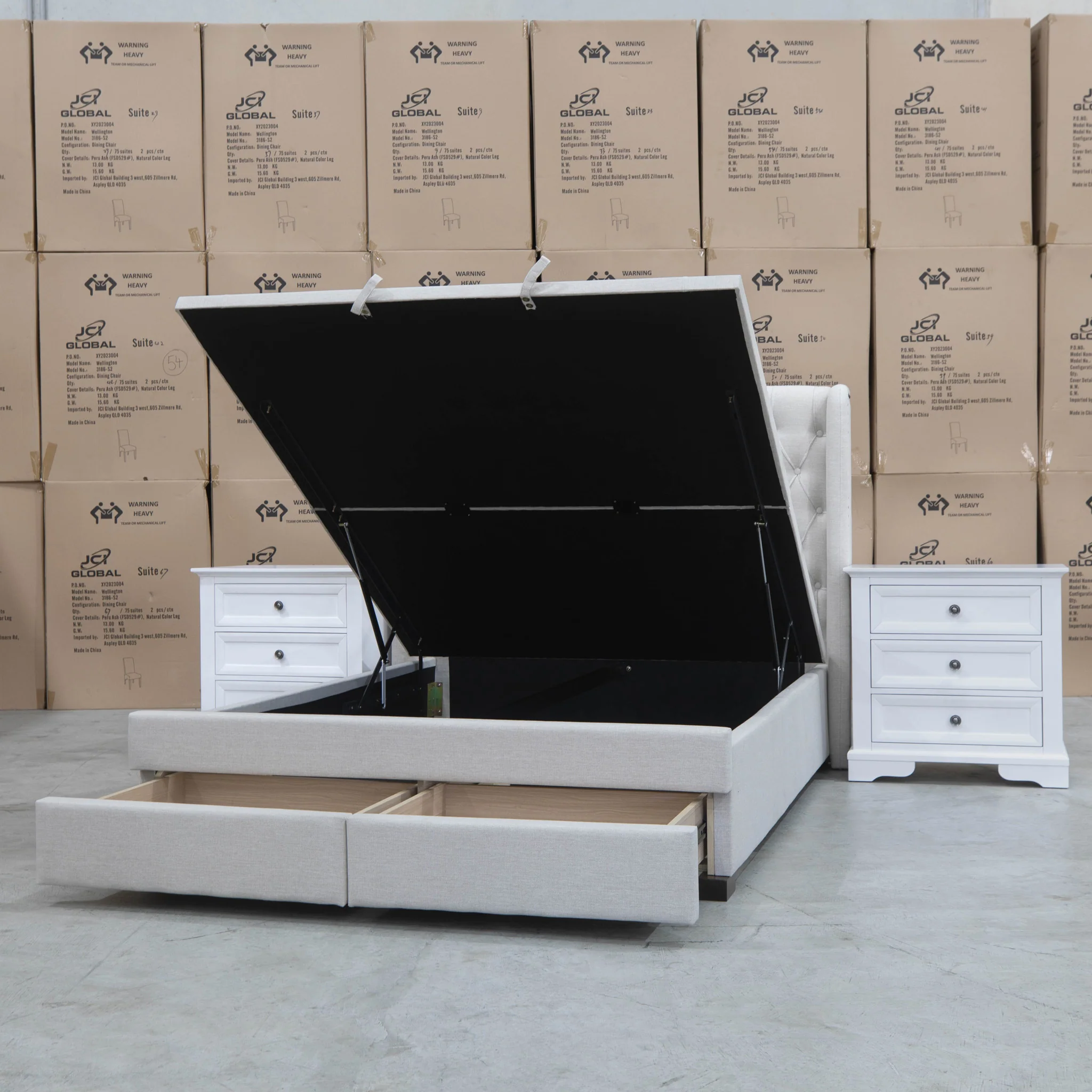 Amie King Fabric Gas Lift & Storage Drawer Bed - Oat White - Available After 20th July - Image 2