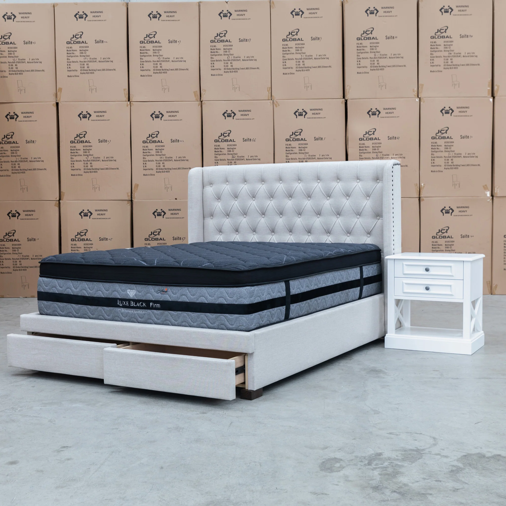 Amie King Fabric Storage Bed - Oat White