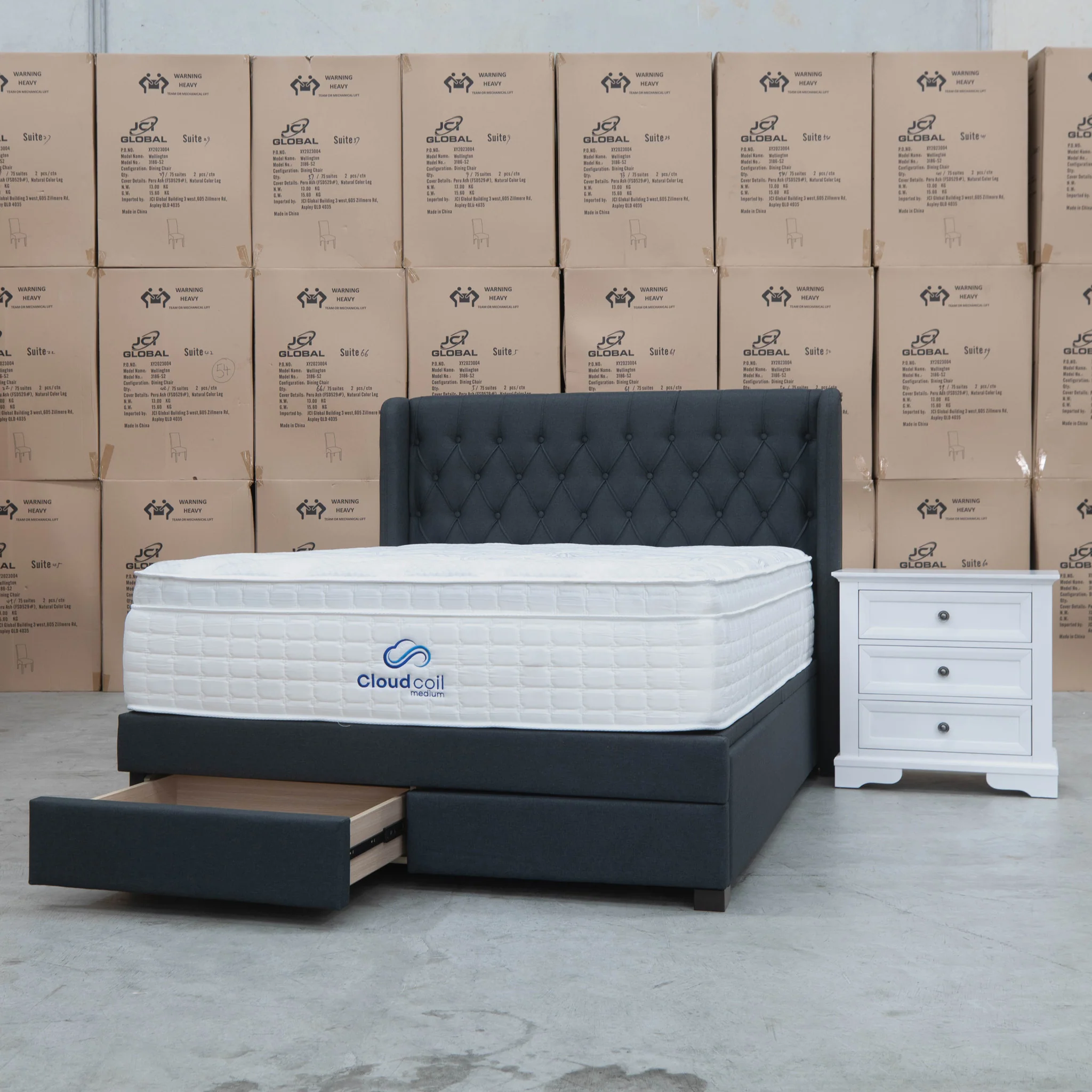 Amie Queen Fabric Gas Lift & Storage Drawer Bed - Charcoal - Available After 20th July