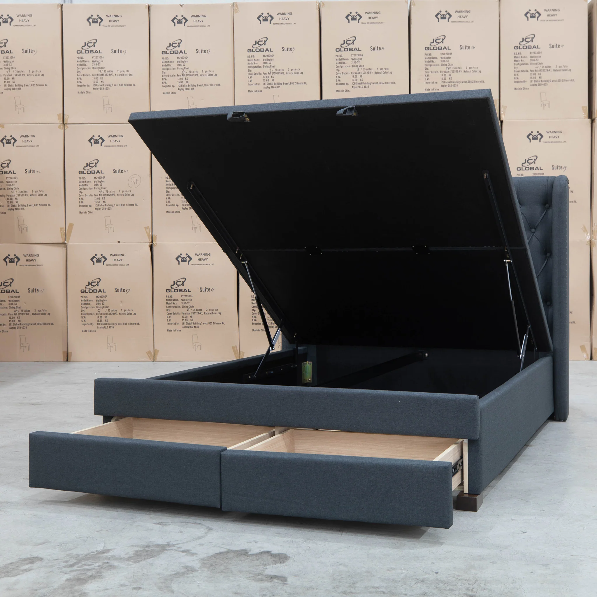 Amie Queen Fabric Gas Lift & Storage Drawer Bed - Charcoal - Available After 20th July - Image 16