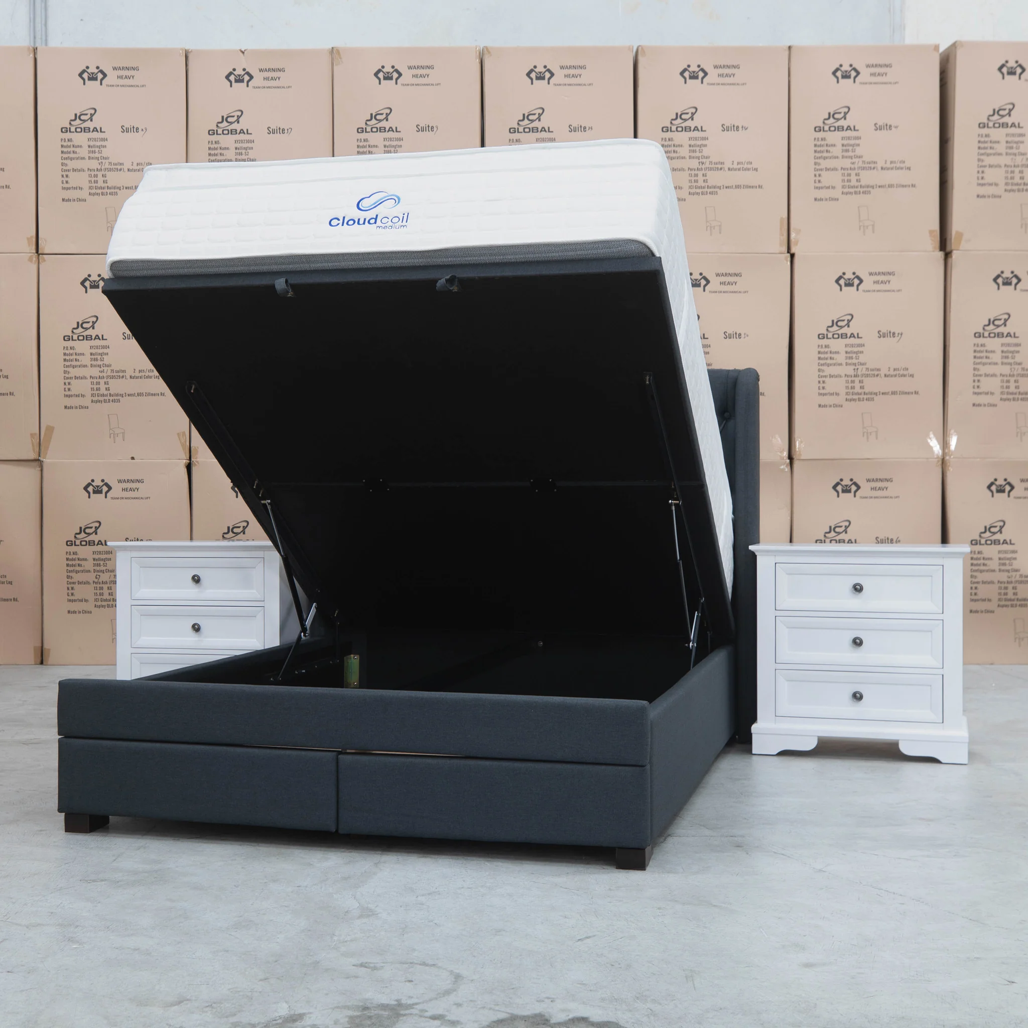 Amie Queen Fabric Gas Lift & Storage Drawer Bed - Charcoal - Available After 20th July - Image 2