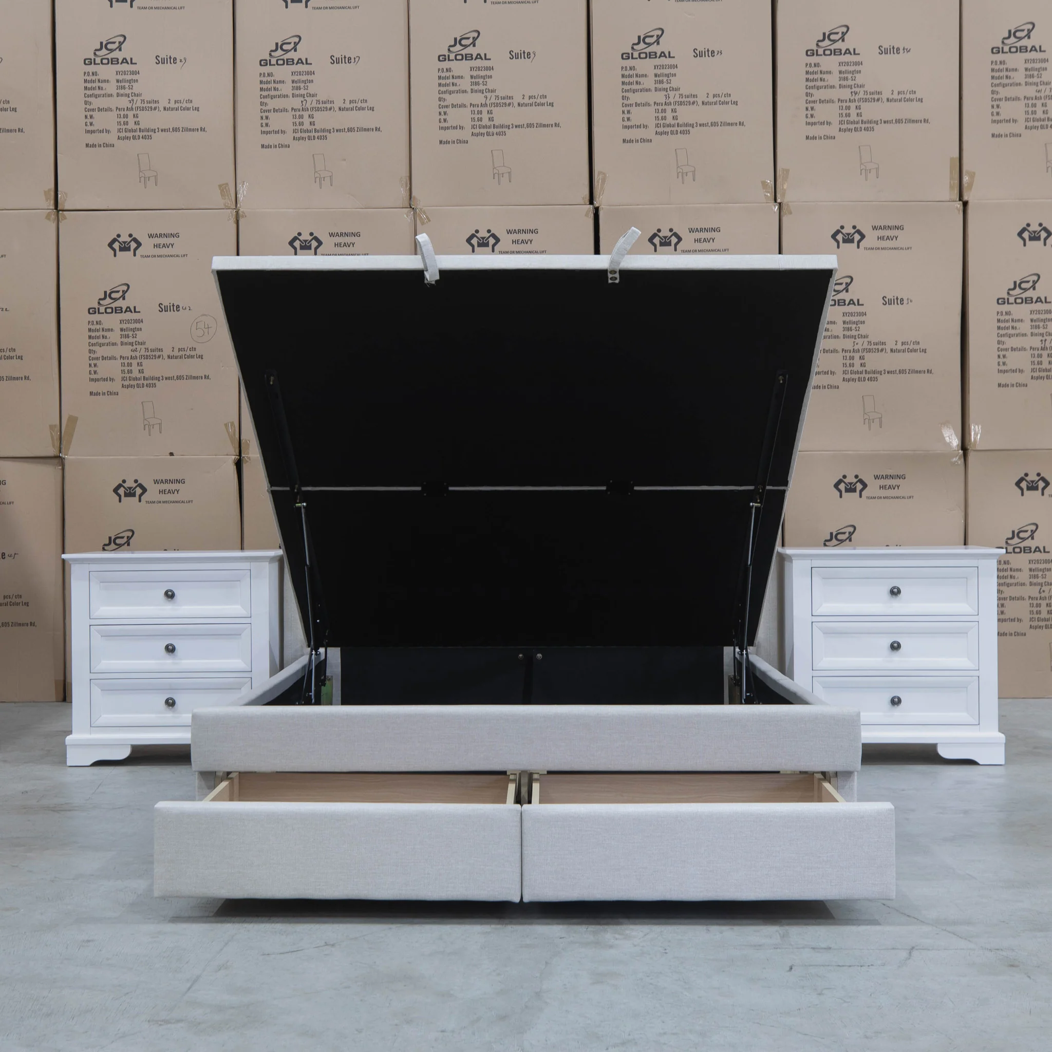 Amie Queen Fabric Gas Lift & Storage Drawer Bed – Oat White - Available After 20th July - Image 10