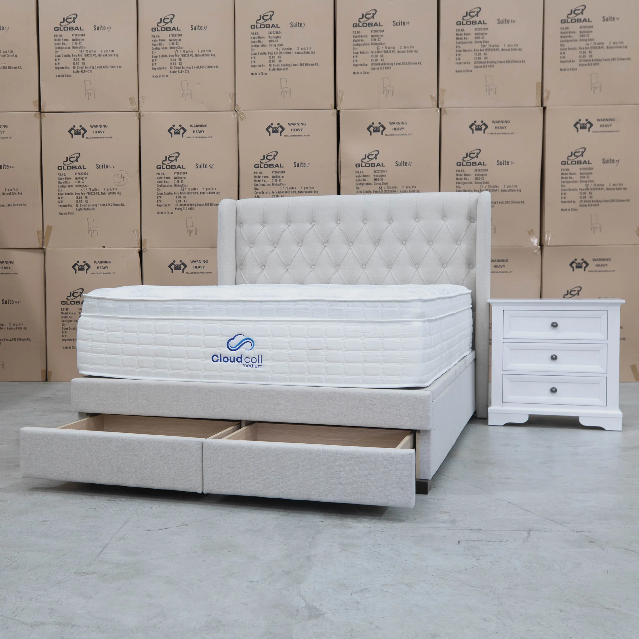 Amie Queen Fabric Gas Lift & Storage Drawer Bed – Oat White - Available After 20th July - Image 14