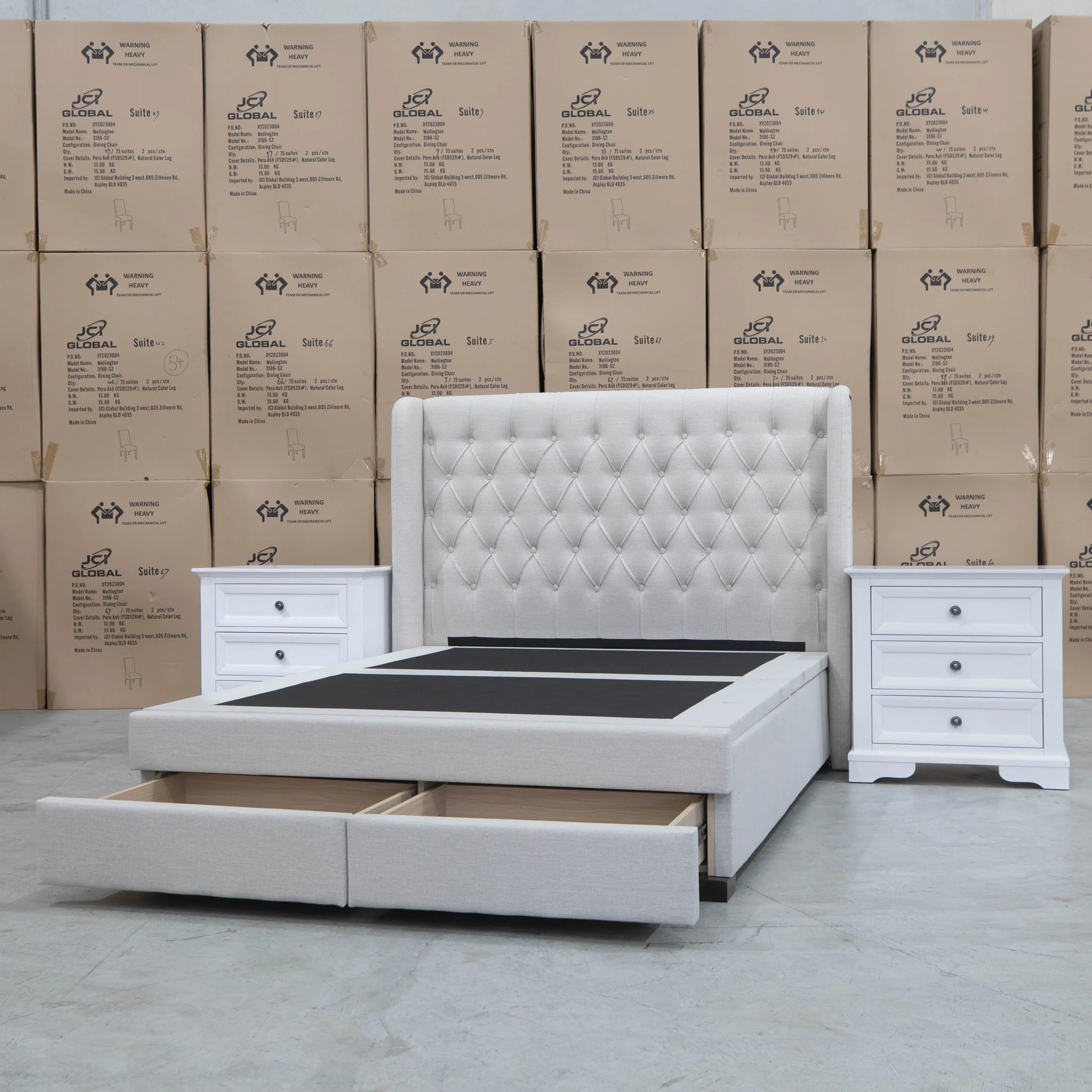 Amie Queen Fabric Gas Lift & Storage Drawer Bed – Oat White - Available After 20th July - Image 5