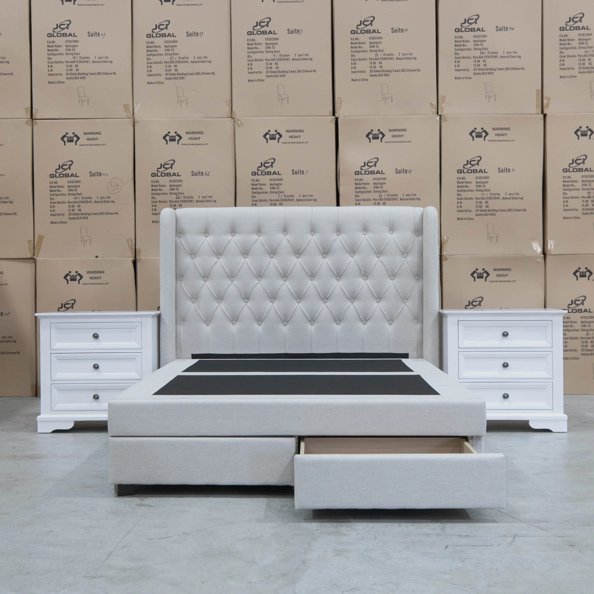 Amie Queen Fabric Gas Lift & Storage Drawer Bed – Oat White - Available After 20th July - Image 7