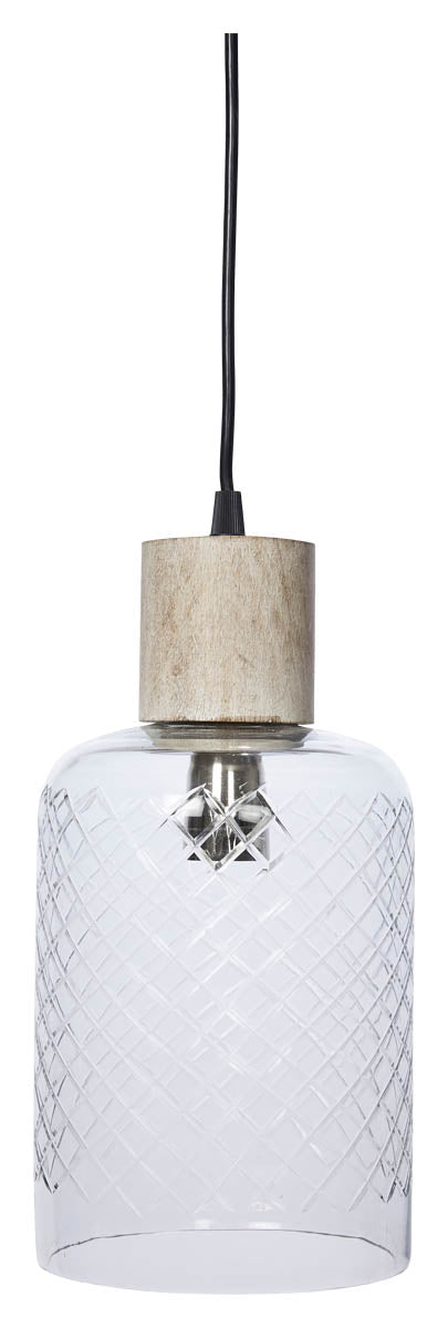 Byron Tubular Cut Glass and Wood Pendant Light - Clear/White Wash - VE51 - Available In-Store Only
