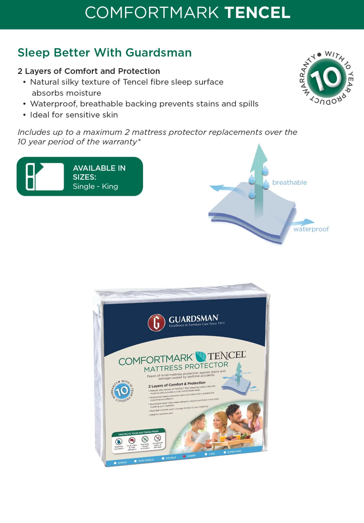 Guardsman ComfortMark Tencel Mattress Protector - 10 Year Warranty - King Single - Image 6