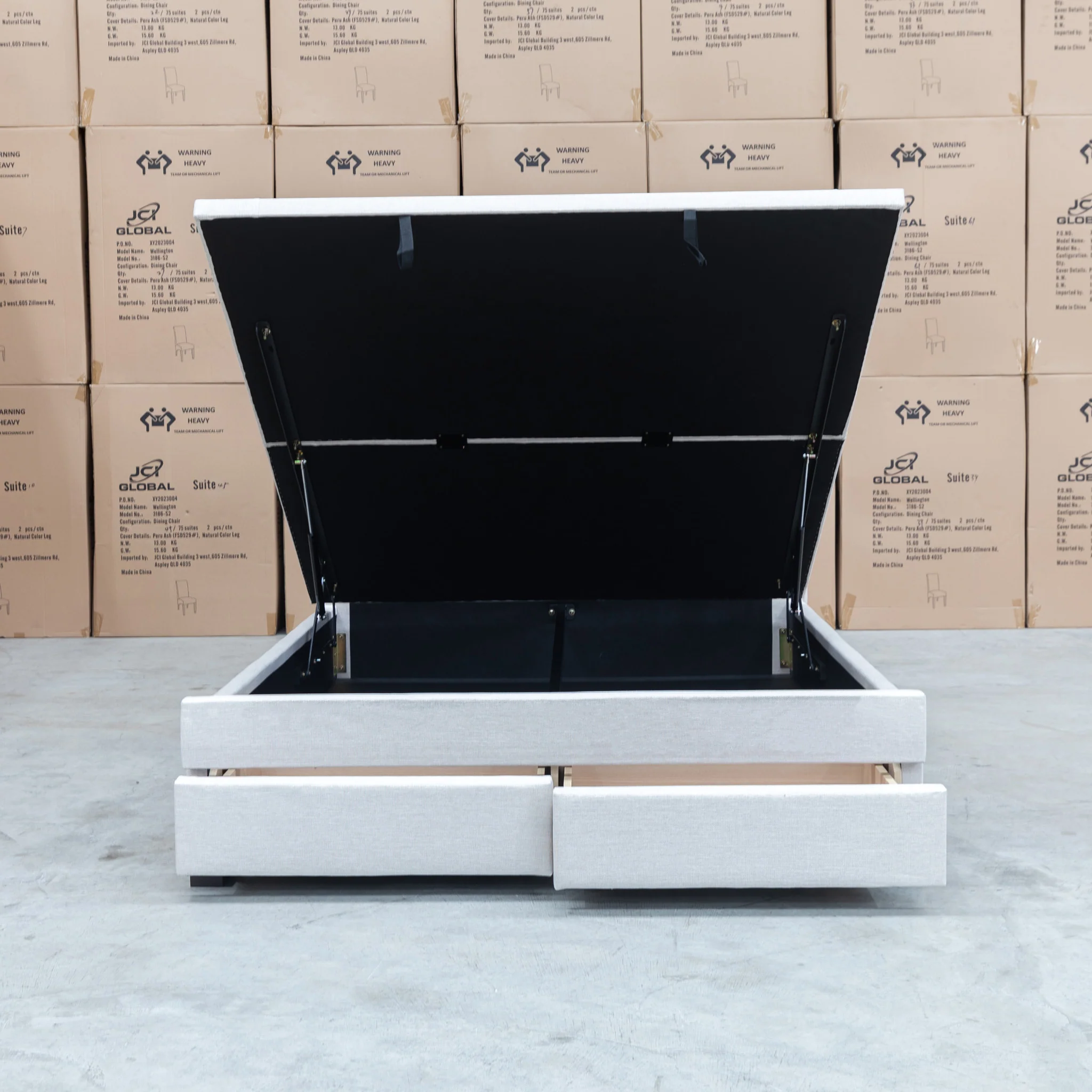 Hayman Gas Lift & Drawer Storage Queen Bed - Oat White - Available After 20th July - Image 10