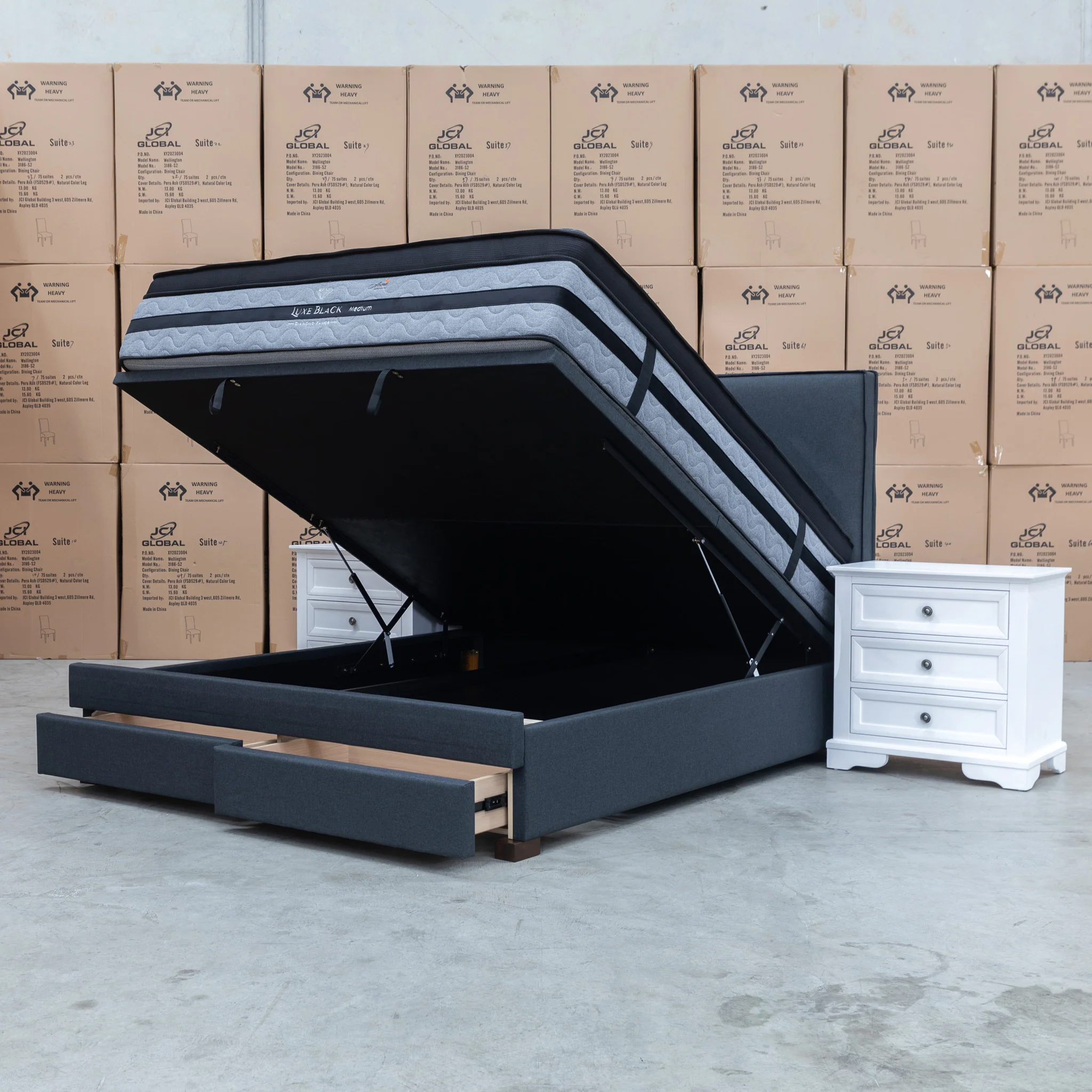 Hayman Gas Lift & Drawer Storage King Bed - Charcoal - Available After 20th July - Image 2