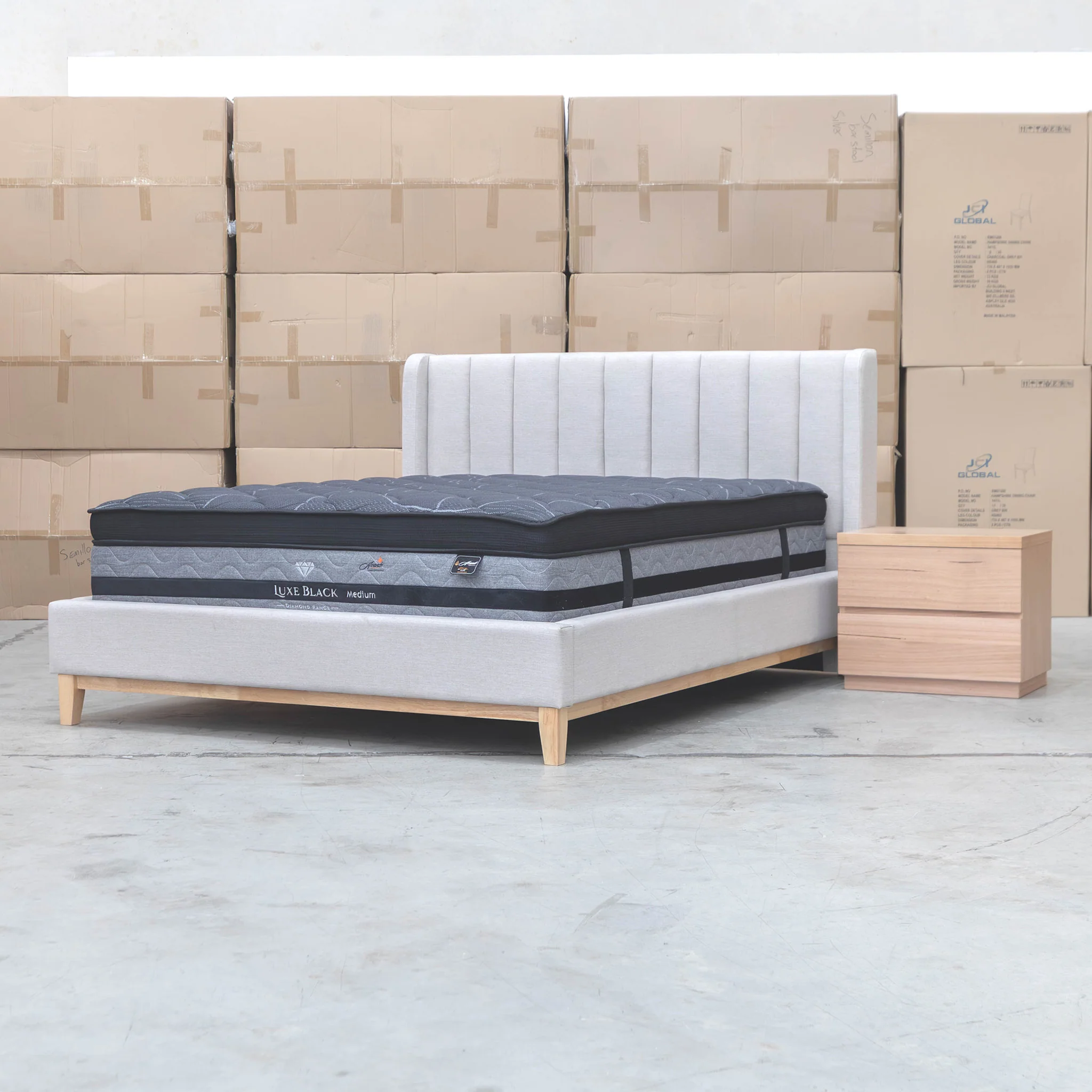 Paros Queen Upholstered Bed - Oat White - Available After 20th July