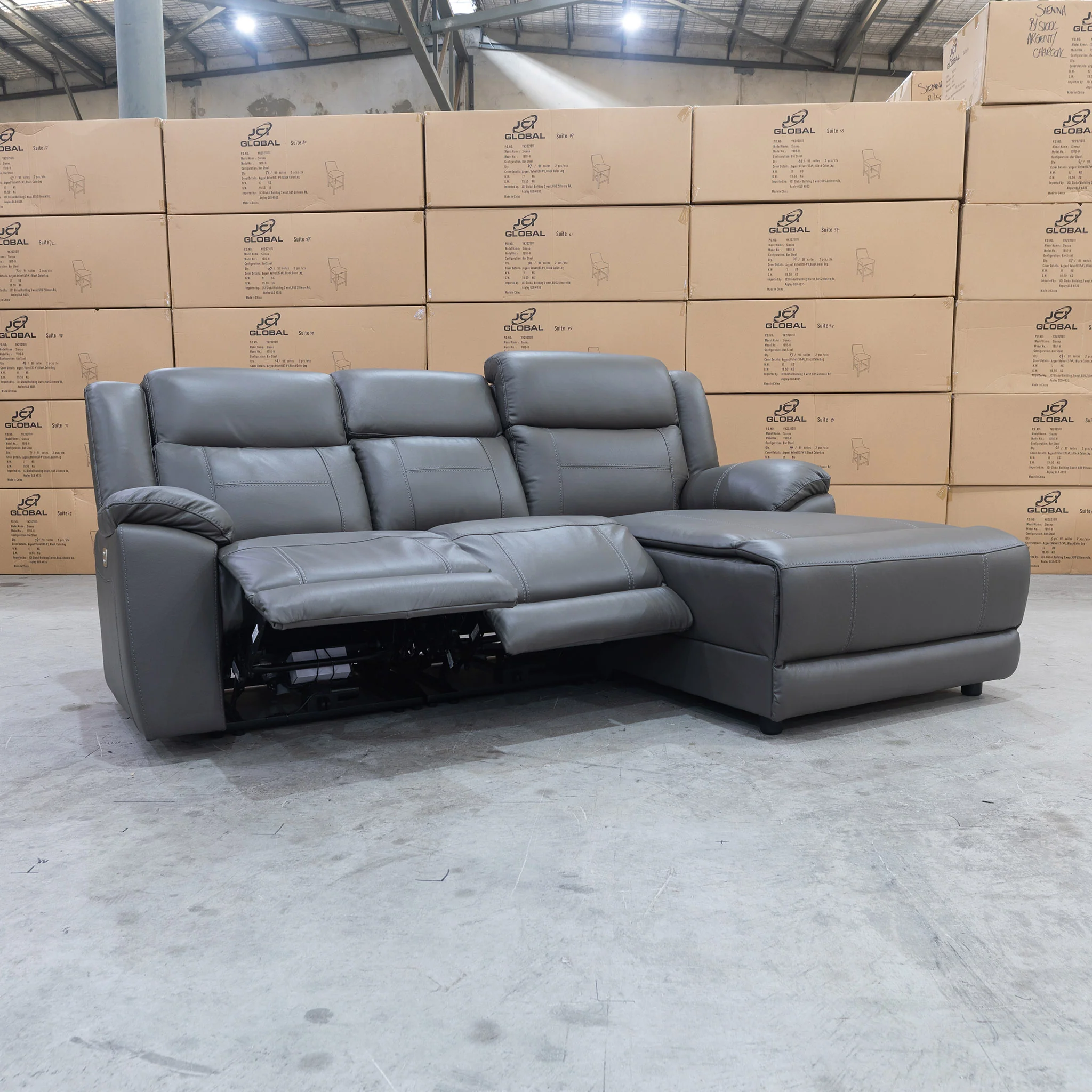 Venus Three Seater Dual-Motor Chaise Recliner Lounge - Storm Leather - Image 11