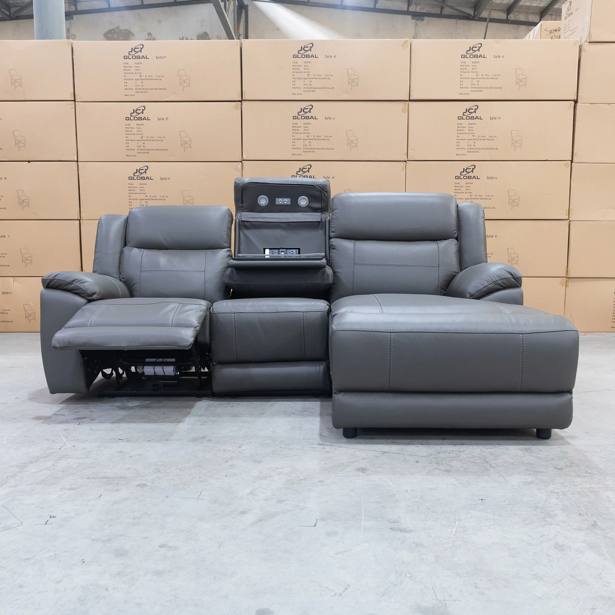 Venus Three Seater Dual-Motor Chaise Recliner Lounge - Storm Leather - Image 5