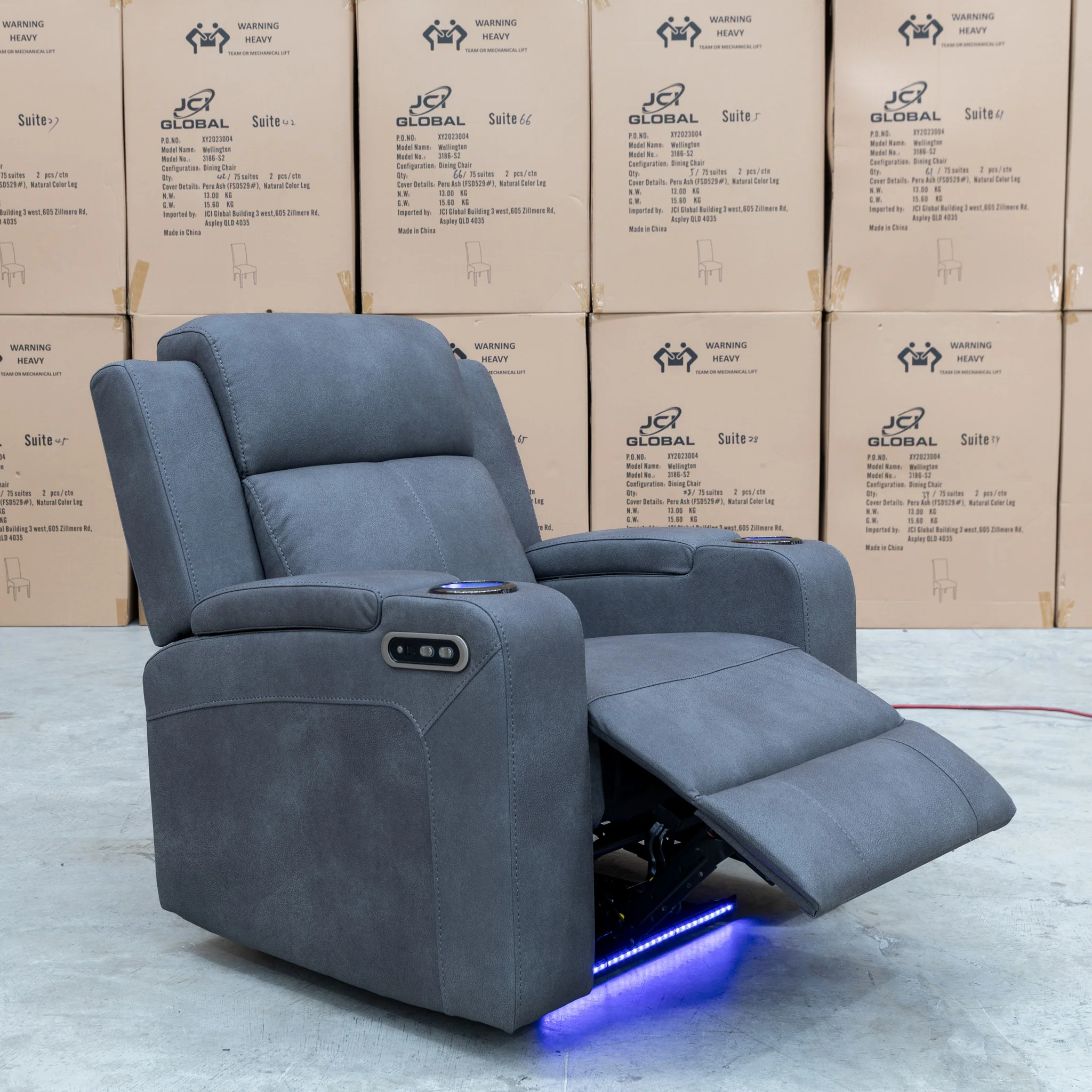 Xanadu Single Dual Motor Dual Motor Electric Recliner - Light Grey Rhino Suede - Image 10