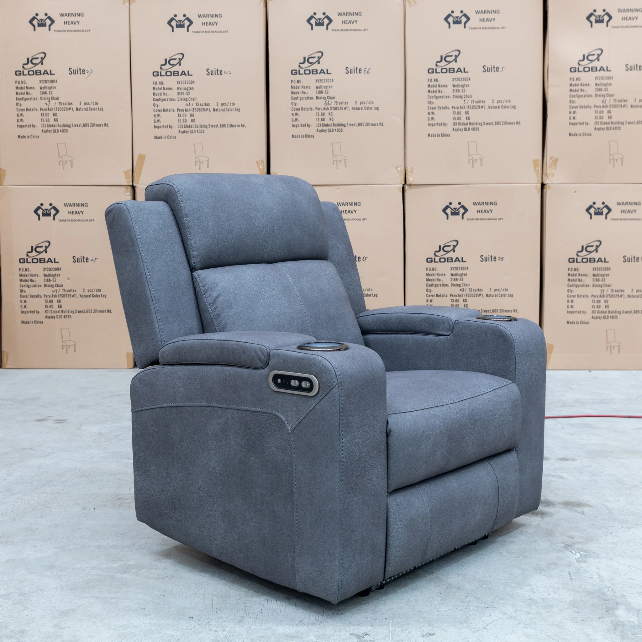 Xanadu Single Dual Motor Dual Motor Electric Recliner - Light Grey Rhino Suede - Image 12