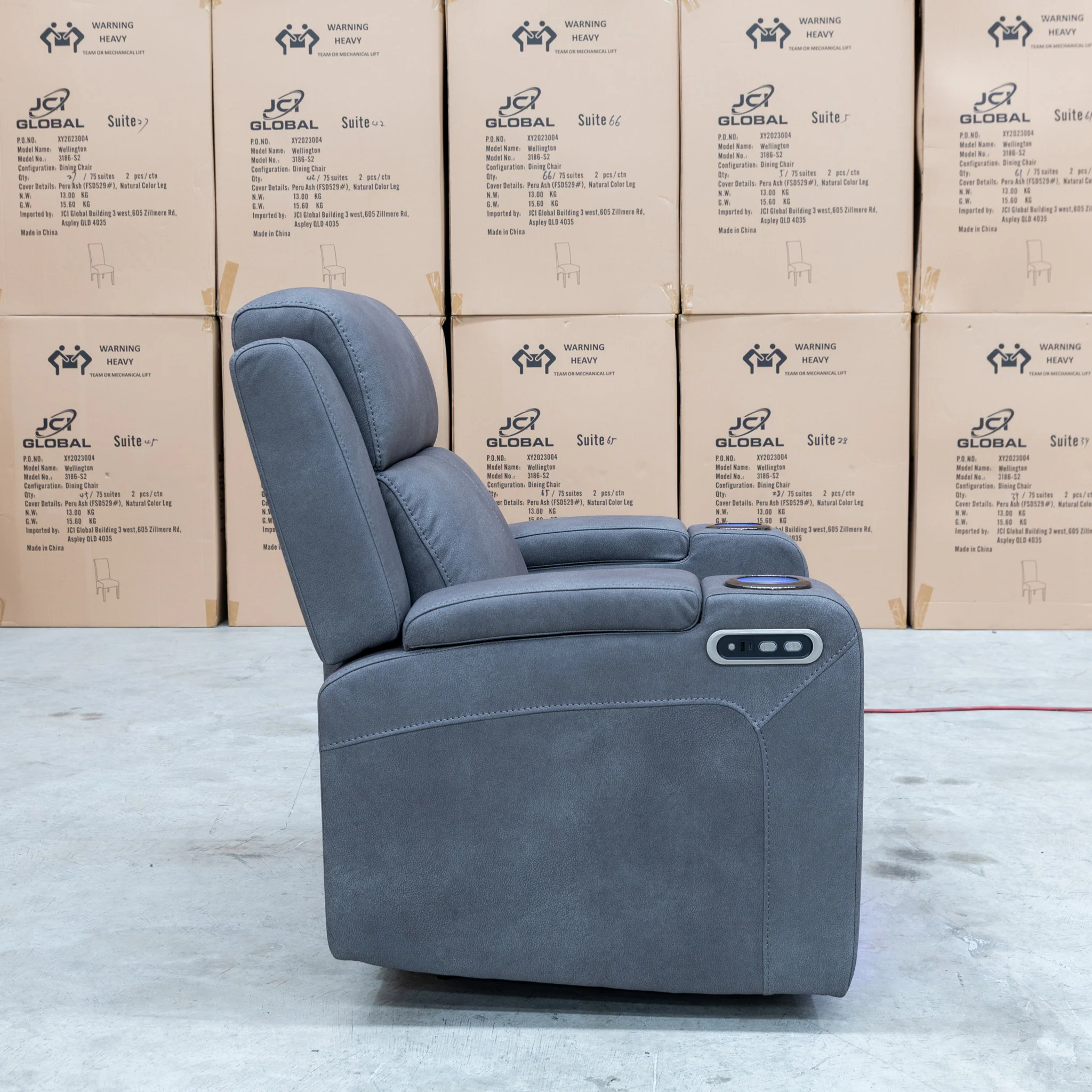 Xanadu Single Dual Motor Dual Motor Electric Recliner - Light Grey Rhino Suede - Image 14